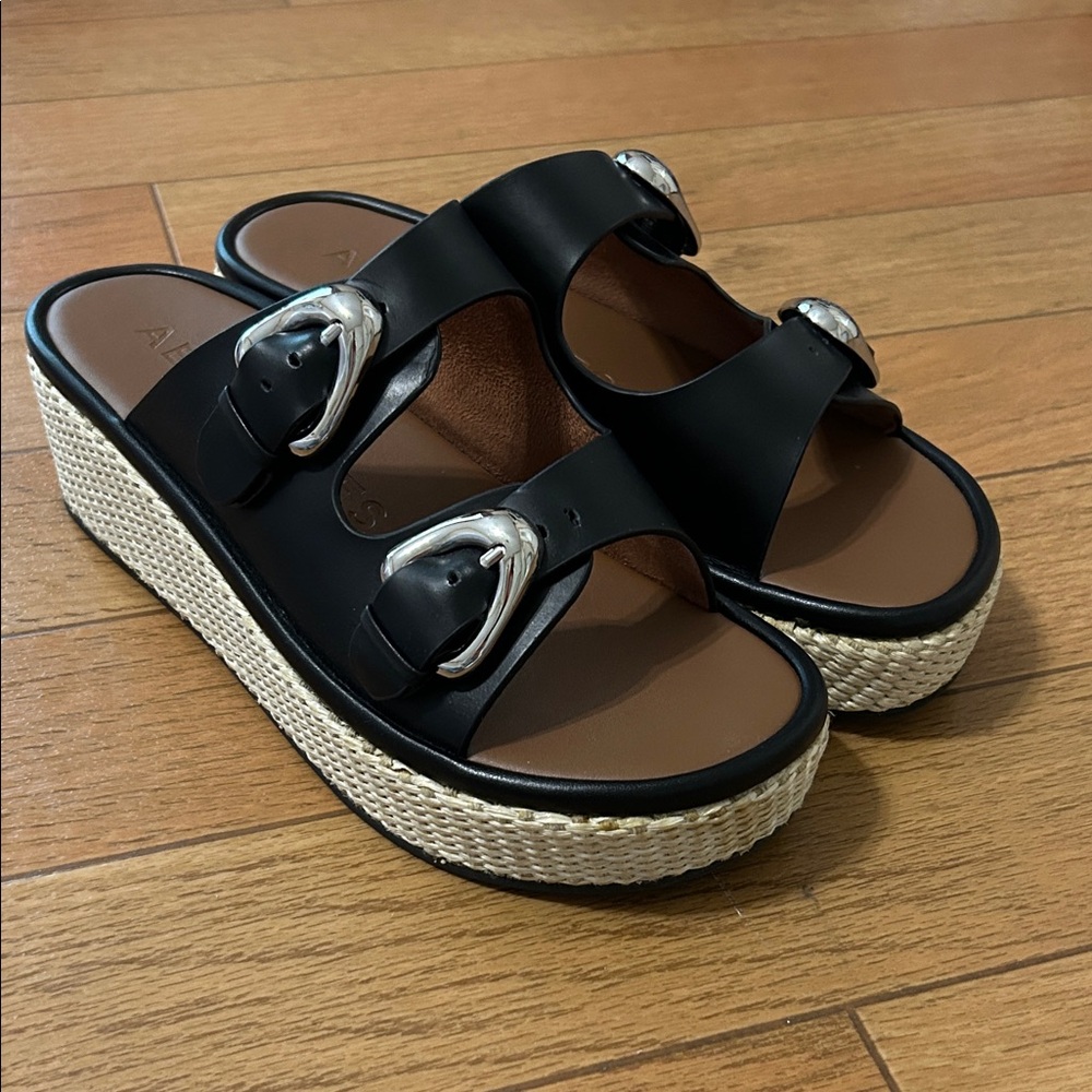 AEROSOLES Black Platform Slide Sandals with Silver Buckles